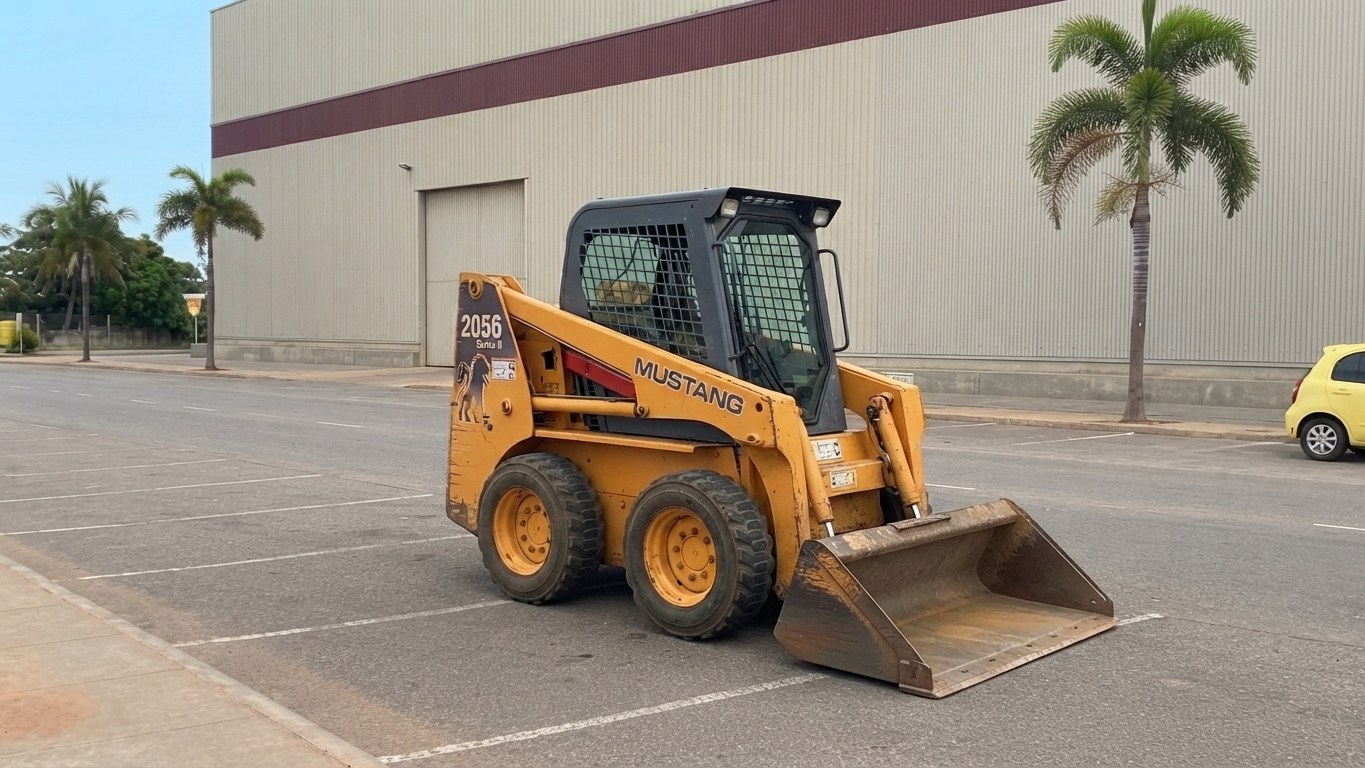 Mini-carregadeira Mustang 2056 em contexto de obra em Luanda