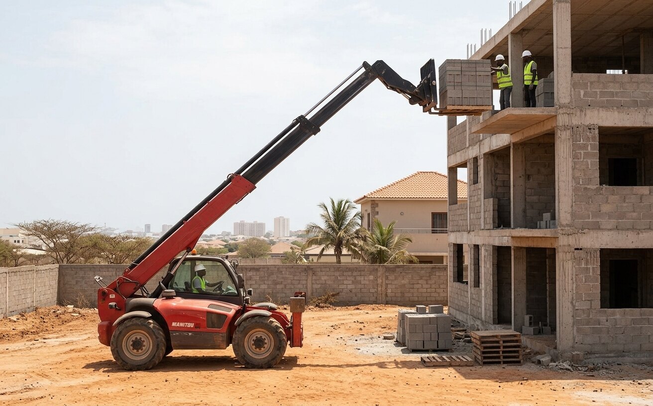 Empilhador telescópico a pousar um palete de blocos na laje de um piso superior, numa moradia em construção em Luanda