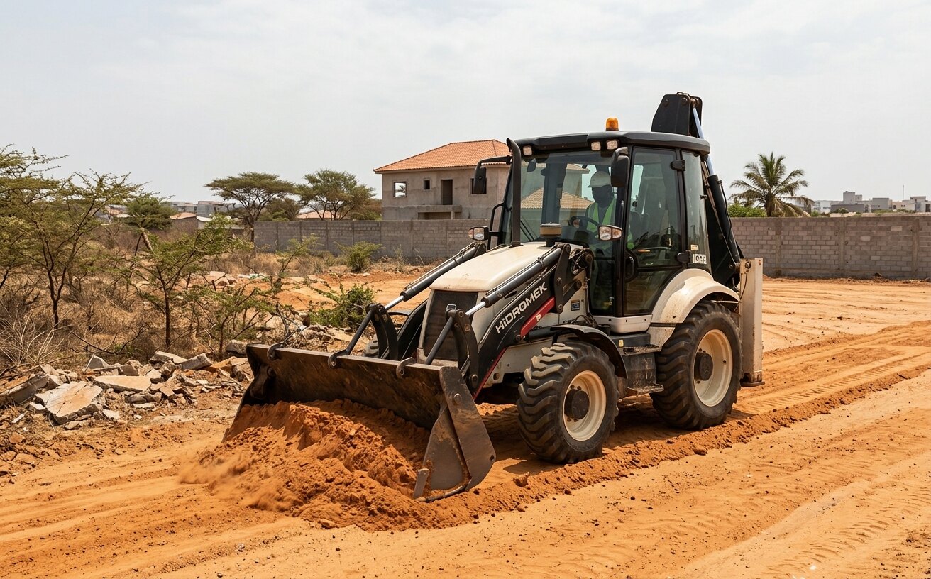 Retroescavadora de libre branca e preta a nivelar um terreno de laterite em Luanda