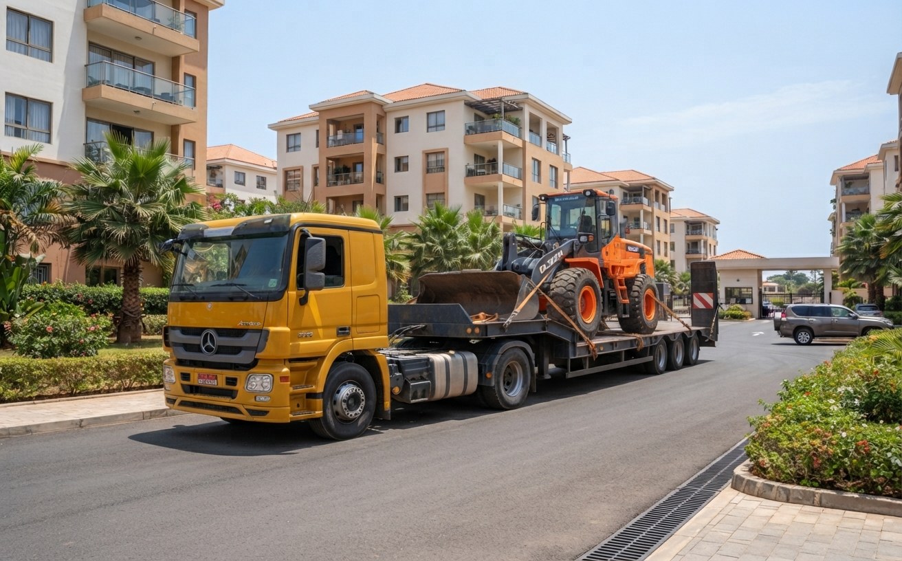 Camião-tractor com semi-reboque de cama baixa a transportar uma pá carregadeira amarrada com cintas, num arruamento de um condomínio em Luanda
